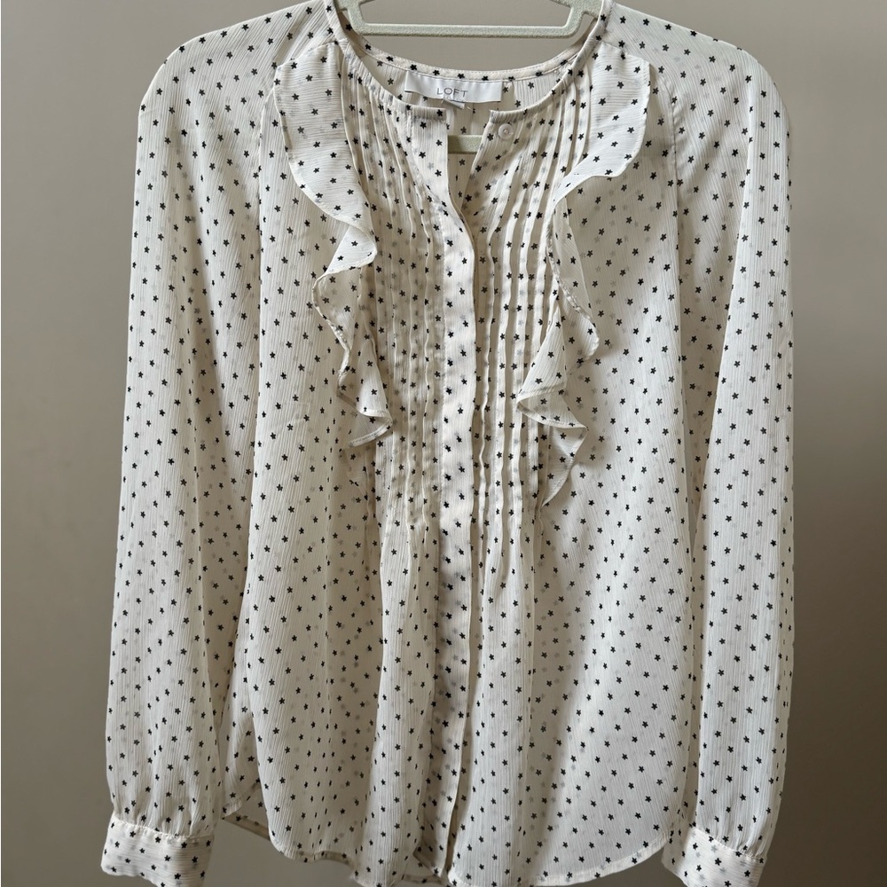 LOFT Ivory Ruffle Polka Dot Blouse